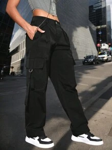 Flap Pocket Side Cargo Trousers - Black - View 1