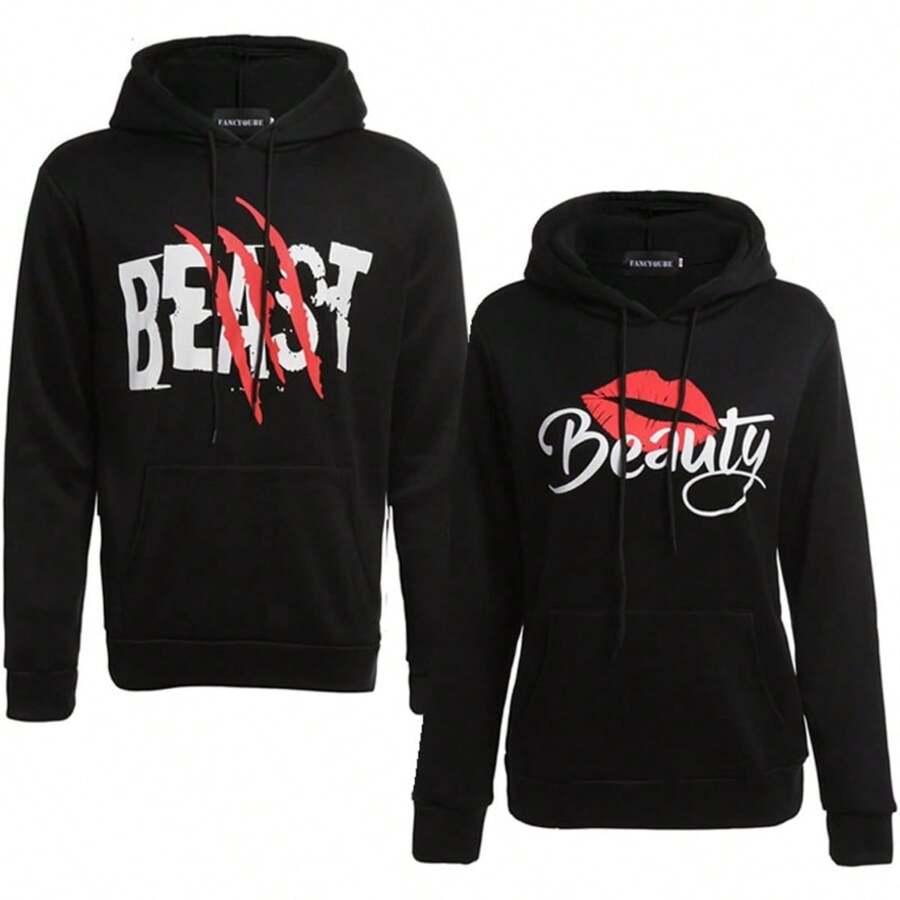 1pc Matching Couple's Hoodies, Funny Beauty Bea-St Hoodie, Humor Sweatshirt Pullover Valentine's Day Gift For Couples - Women-1pc-Black - View 1