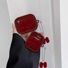 Burgundy 3D Bow Design Protective Case Compatible With Airpods 3 Wireless Bluetooth Earphones - Multicolor - View 1