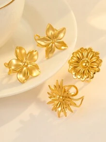 4 件不锈钢时尚夸张金色花心等形状戒指套装，适合女士日常佩戴或作为礼物赠送 - 金黃色 - 查看 2