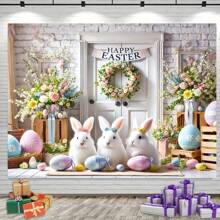 Fondo de fotografía con temática de Pascua, colores suaves con conejos, huevos de Pascua y arreglos florales, de fibra de poliéster - Decoración de banner de Feliz Pascua, fondo de fotografía, decoración de banner, accesorios y suministros - Multicolor - Ver 5