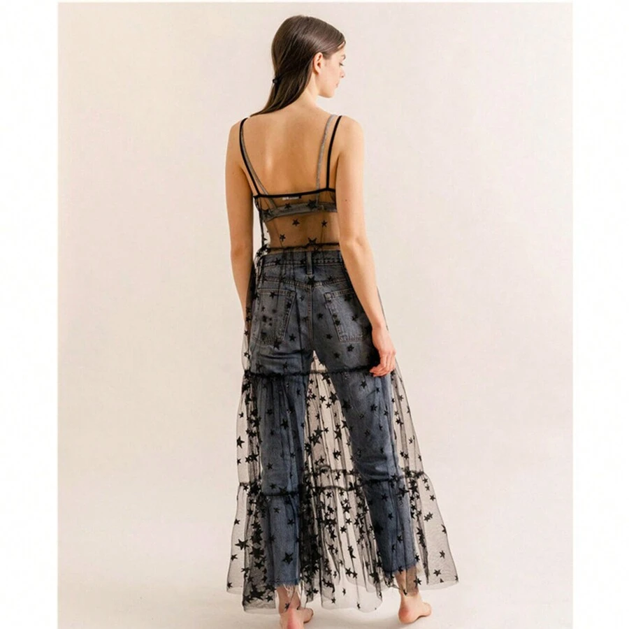 Women's Mesh See-Through Skirt High Waist Skirt Beachwear Pleated Long Maxi Skirt - 黑色 - 查看 1