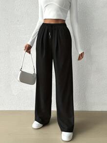 Plain High Waist Drawstring Pleated Side Pockets Loose Wide Leg Pants - Black - View 1