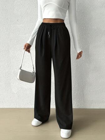 Plain High Waist Drawstring Pleated Side Pockets Loose Wide Leg Pants