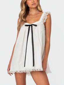 Women Summer Casual Mini Dress Lace Trim Fly Sleeve Bowknot Embellished Short Dress - trắng - Xem 4