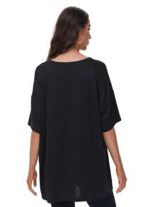 HIGHFINE Women's Loose Short-Sleeved Crewneck Summer Top Loose Casual Shirt Basic T-Shirt - 黑色 - 查看 2
