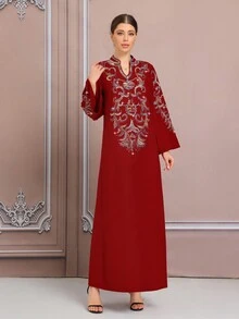Retro Style Red 3D Embroidered Robe, Elegant Special Occasion Caftan, Dubai Cord Embroidered Plus Size Kaftan Abaya, In-Stock BC4624 (Customized) - Red - View 2