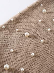 European & American Style Elegant Plus Size Women Pearl Embellished Knit Crew Neck Sweater, Autumn/Winter - Khaki - View 9