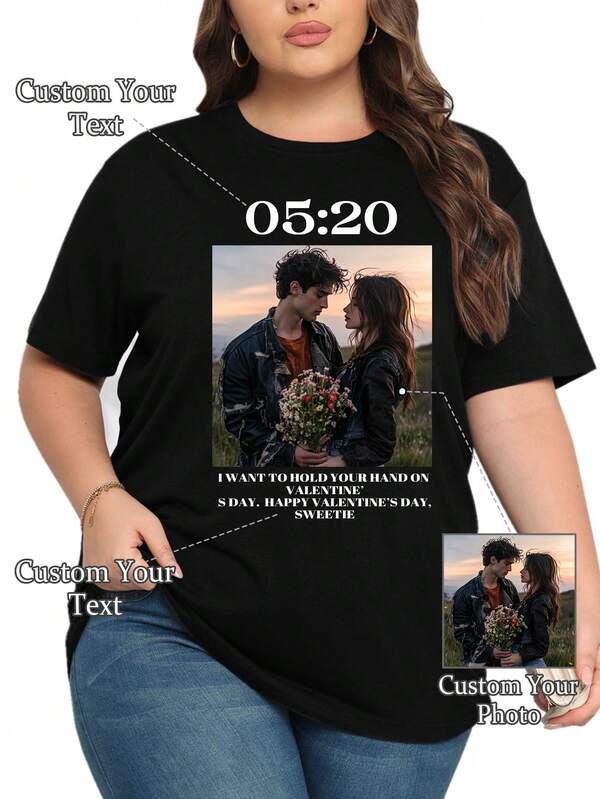 Customizable Graphic Design Women Plus Size Short Sleeve T-Shirt, Personalize With Your Text/Blessing/Name/Anniversary, Upload Your Photo, Women Loose Fit Round Neck Tee, Black Color, Women Plus Size Short Sleeve Custom Tee, Best Friend Gift, Valentine's Gift, Birthday Gift, Summer Top, Spring Clothing,Ornamental,Dawg,Unique,Custom,Ideal Gifts For Her,Family,Friends,Pink Girls,For Holiday,For Vacation,For Anniversaries
