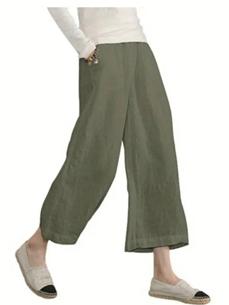 Solid Color Loose Casual Wide Leg Nine Minute Pants Women - xanh quân đội - Xem 1