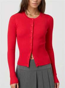 Women's Autumn Sweater Cardigan Solid Color Long Sleeve Round Neck Button Up Ribbed Knitwear - Red - View 3