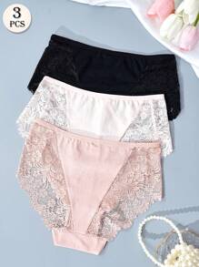 APRSEA 3pcs Women's Lace Panties, Minimalist & Comfortable, High-Waist Briefs - Multicolor - View 2