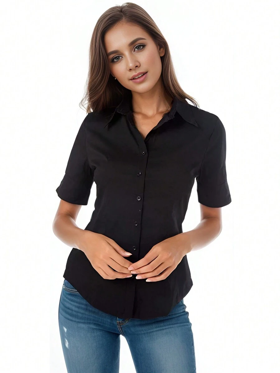SANOPY Womens Tops,T-Shirts For Women,Shirts For Women,Women's Short Sleeve Buttoned Solid Polo Shirt Basic Office Work Top - Black - View 1