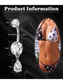 2pcs/Set Women's Dangle Belly Button Rings, Low Allergy Teardrop Navel Rings With Threaded Zirconia Navel Piercing Jewelry, 10mm - A - View 3
