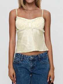 Women's Y2K Satin Cami Tops Summer Sleeveless Open Back Low Cut Slim Fit Camisole Fairycore Lace Trim Tank Tops - 黃色 - 查看 2