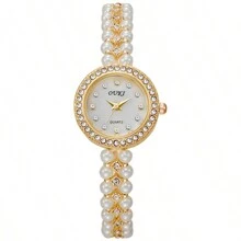 复古时尚休闲珠宝珍珠手链手表，女士情人节、母亲节礼物，合金表壳 - 均碼-十二鑽表面 - 查看 15