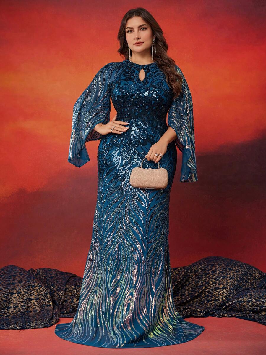 XUIBOL Plus Size Elastic Ombre Sequin Fitted Maxi Dress, Round Neck Long Sleeve Split Sleeve Elegant Formal Gown, Suitable For Mother Of The Bride, Cocktail Party, Formal Occasions, Wedding Guest Dress, Evening Dress - 水鴨藍 - 查看 1