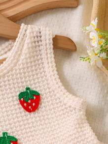 2pcs Young Girl Cute Strawberry Hollow Out Knitted Vest & Breathable Solid Color Shorts Set