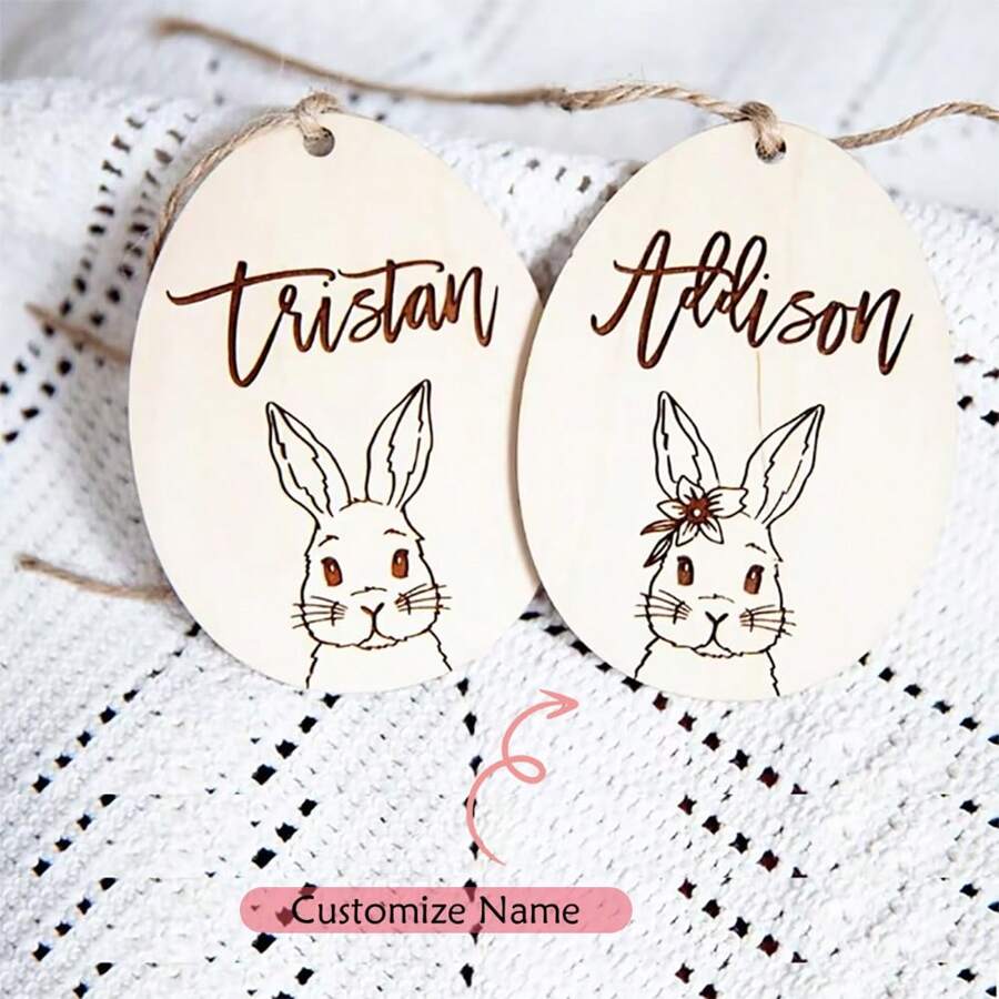 个性化定制名字兔子复活节快乐派对寻蛋游戏派对篮子桶袋木制名牌装饰家庭朋友邻居儿子女儿礼物标志 - 彩色 - 查看 1