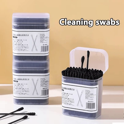 100/300 piezas de hisopos de limpieza con doble extremo, en caja. Un extremo es redondeado y el otro tiene diseño de cucharilla para oído, lo que facilita la limpieza de los oídos. Hisopos de limpieza higiénicos para el hogar y para el desmaquillaje.