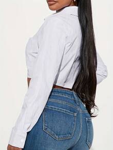 女士休闲纯色短款衬衫 - 白色 - 查看 5