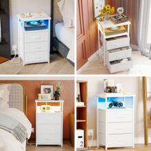 Superlele Bedside Table With Charging Station, LED Nightstand With USB Ports And Outlets, 3 Fabric Storage Drawers With PU Finish, Bed Side Table For Bedroom, Living Room, White - US B Type Plug(110-127V) - View 1