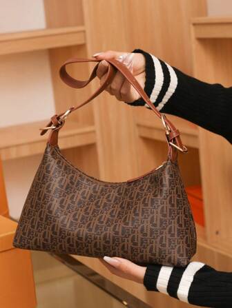 新款女士大容量字母图案休闲时尚单肩包，适合工作、购物、通勤