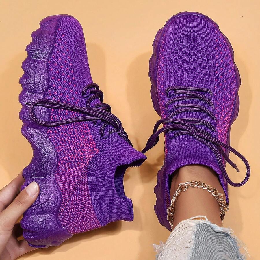 Women's Simple Plain Lace-Up Low Top Sock Sneakers, Summer 2024 Casual Comfortable Breathable Lightweight Sports Running Shoes - Purple - View 1