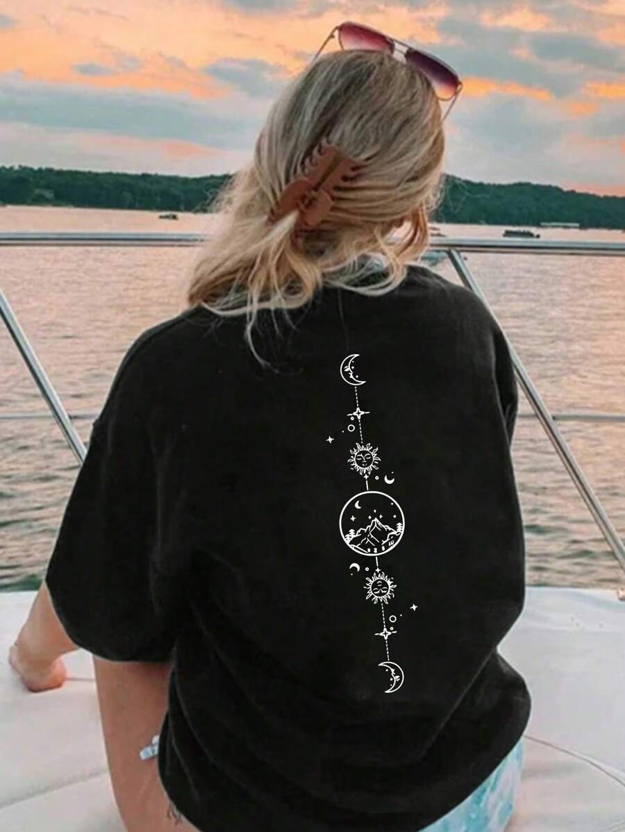 Camiseta de manga corta ajustada con estampado de cuello redondo informal de verano para mujer, color gris, dulce y gentil
