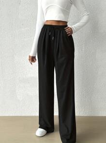 Plain High Waist Drawstring Pleated Side Pockets Loose Wide Leg Pants - Black - View 3