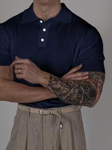 Men's Soft Texture Sports Casual Polo Collar Short Sleeve Pit Strip Texture Casual Sweater