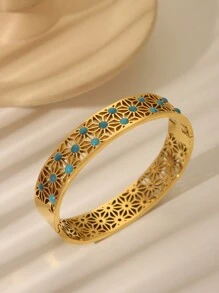 1 pièce Bracelet en acier inoxydable plaqué or vintage rétro style bleu marine goutte d'huile creux fleur, ton 18K, chic, convient pour le port quotidien des femmes, les fêtes ou en cadeau pour les vacances, les mariages