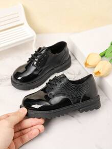 Boys' Fashion Round Toe Lace-Up Black Patent Leather Shoes, Versatile Outdoor Student Shoes, Spring Autumn