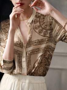YUXIN Women's Loose Chiffon Printed Shirt, Filled With Retro Charm, Suitable For All Seasons, Showcasing High-End Quality, Suitable For Both Work And Leisure - Coffee Brown - View 7