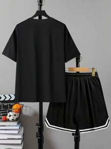 2 pièces Ensemble short et t-shirt à manches courtes avec imprimé de basketball pour garçons adolescents