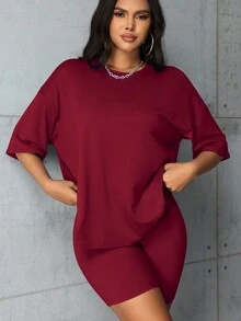 Runway Rest Bộ áo thun cổ tròn và quần short nữ màu trơn, kiểu dáng thường ngày, thích hợp cho dịp Giáng sinh. - Màu Đỏ Sâu - Xem 9