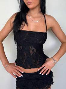 Women Sexy 2 Pieces Floral Lace Skirt Set Criss Halter Lace Up Backless Cami Tank Top Low Rise Bodycon Mini Skirt Paty Clubwear - màu đen - Xem 3