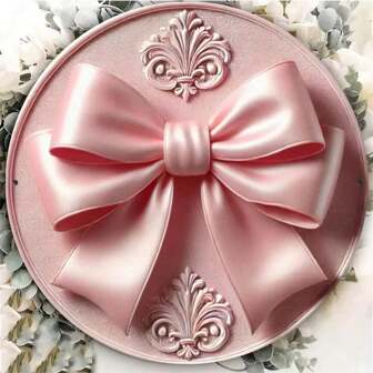 1 st. Elegante roze strik-knoop ijzeren wanddecoratie, 8x8 inch ronde hangende decoratie, geschikt voor thuis, bar, café, keuken - Modieus metalen bord, plat bedrukt ontwerp, willekeurige oriëntatie van boven-onder-links-rechts gaten