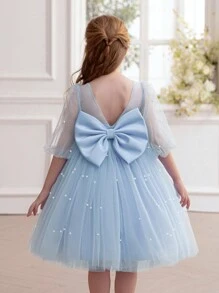 Váy công chúa đính nơ cho bé gái thanh lịch, thích hợp cho tiệc cưới, tiệc tùng, sinh nhật, dạ hội, những dịp quan trọng - Màu xanh nhạt - Xem 4