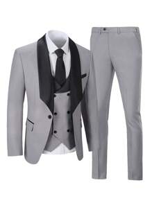 Furuyal Men's Suits Gentleman Solid Slim Fit Business 3 PiecesSuit For Men Blazer Double Breasted Vest Pants Set Party Wedding Prom Light Gray Size XS-3XL