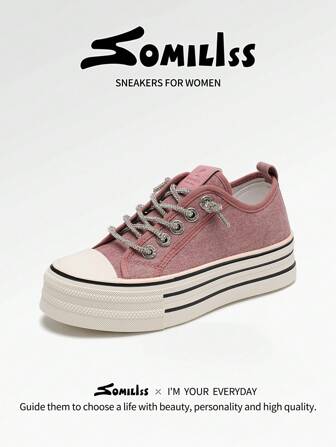 somiliss Sporty Non-Slip Women's Casual Sneakers, Shiny Lace-Up Pink Canvas Shoes, Soft & Comfortable Thick Sole, Student Running Shoes, Classic Fashion Low-Top Flat Outdoor Walking Shoes