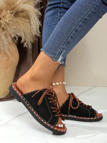 Women's Black Tie-Up Flat Casual Slippers