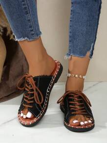 Women's Black Tie-Up Flat Casual Slippers