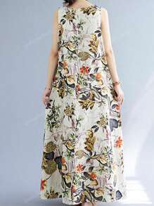 Abito lungo casual da donna con scollo tondo e senza maniche, con stampa