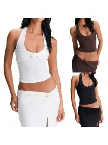 Women's Halter Neck Tank Tops Summer Sleeveless Solid Color Knot Front Shirts Dressy Tops - 白色 - 查看 5