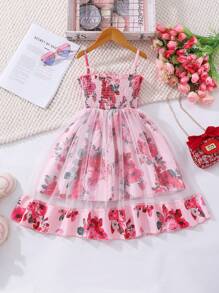 年轻女孩休闲可爱花卉印花吊带网眼覆盖连衣裙，春夏