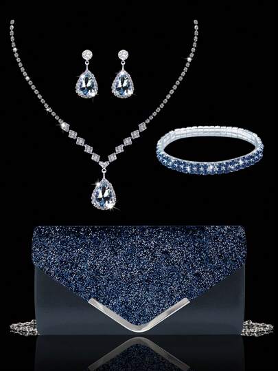 Women's Rhinestone Evening Clutch, Set Of 4 Rhinestone Ear Clips Bridal Wedding Choker Bracelet Pendant, Sparkling Purse, Perfect For Party, Wedding, Prom, Dinner/Banquet, Wedding Dress, Formal Wear, Prom Dress, Birthday Dress, Prom Bag For Party