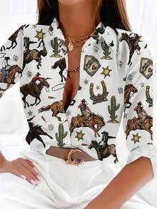 New Fashion Women Casual Floral Print Button-Down Shirt