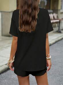 女士简约休闲宽松衬衫配系带装饰短裤黑色夏季 - 黑色 - 查看 2