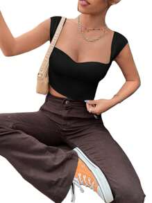 Women  Ribbing Square Neck  Low  Cut Wide Strap Solid Colour Tank Top Sleeveless Lettuce Trim Slim Cropped Cami Vest Tops - 黑色 - 查看 4